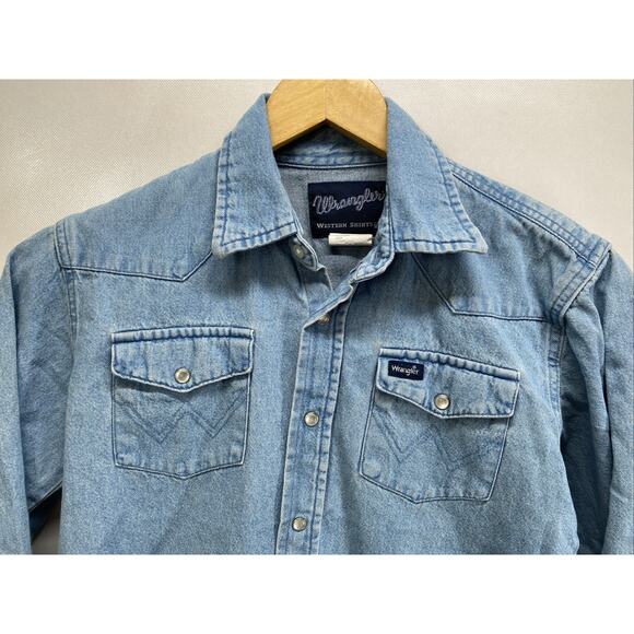 Wrangler Western Blue Denim Long Sleeve Snap Button Shirt Boy’s 10-12 Large 34” - Picture 2 of 8